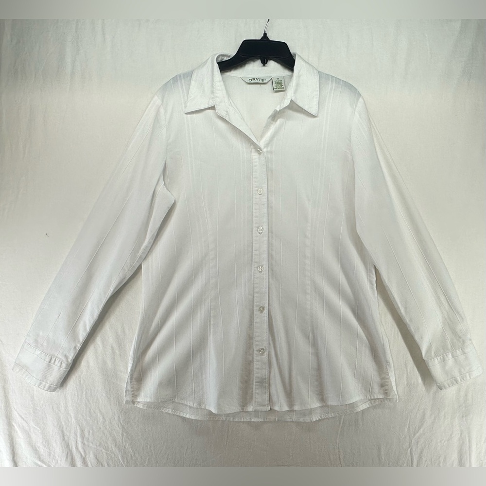 Orvis Womens Blouse Shirt White Textured Button‎ Down Long Sleeve Size 14